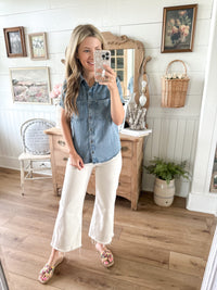 medium wash denim button front top 