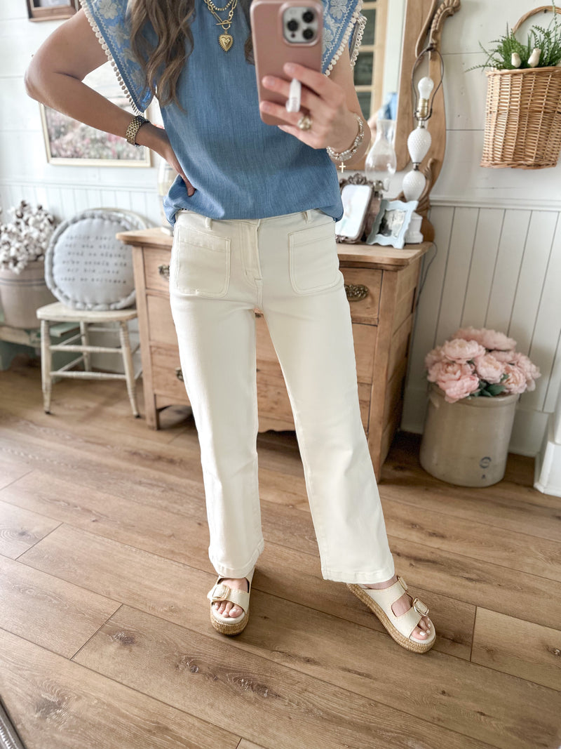 wheat color wide leg crop jean mica denim stretchy patch pockets