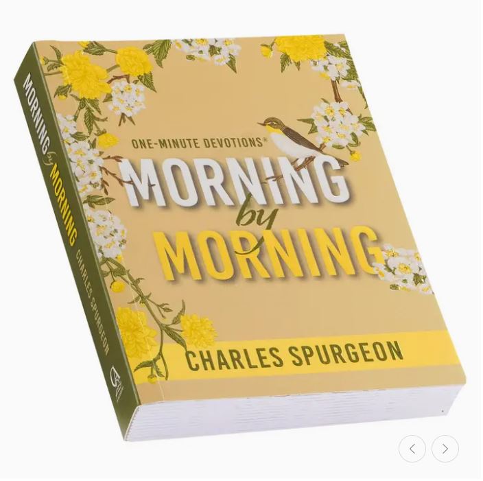 Book titled 'Morning by Morning' by Charles Spurgeon with floral design on a white background