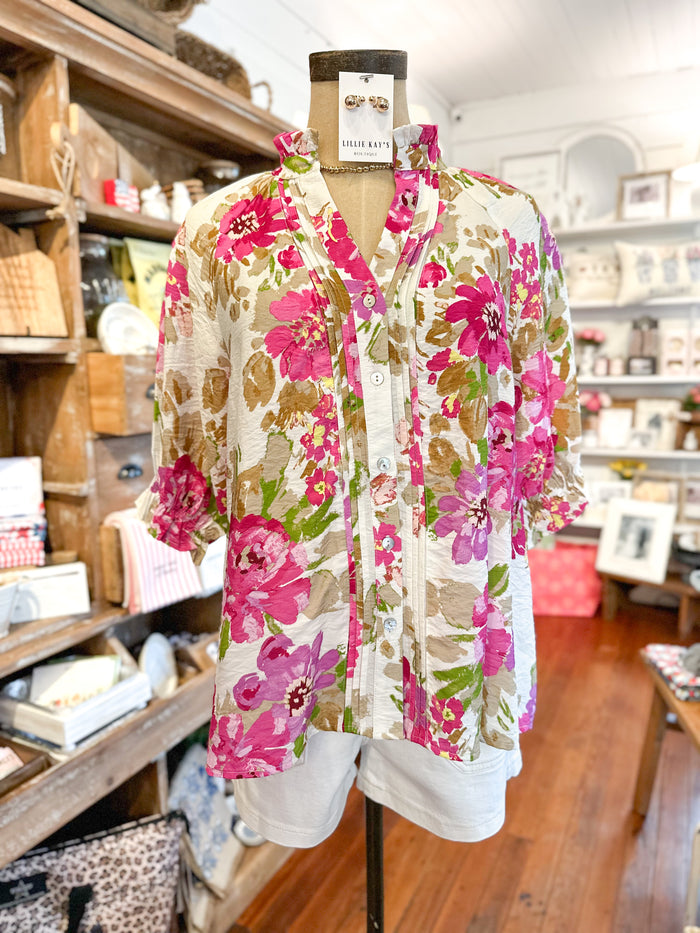 multi color floral button down top short sleeve 