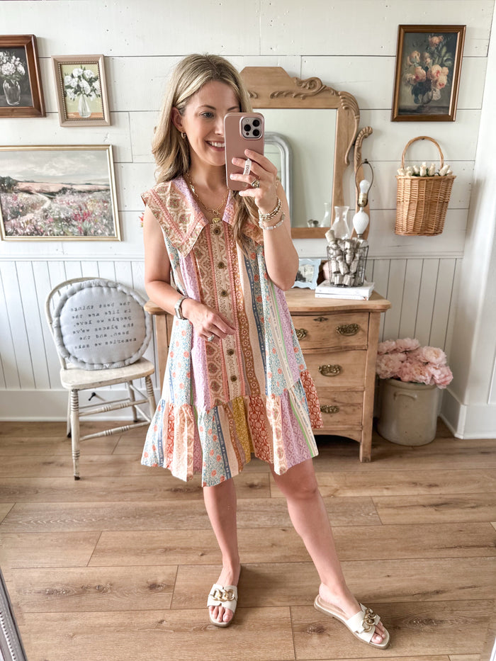 multi color floral dress with button accents umgee peter pan collar  