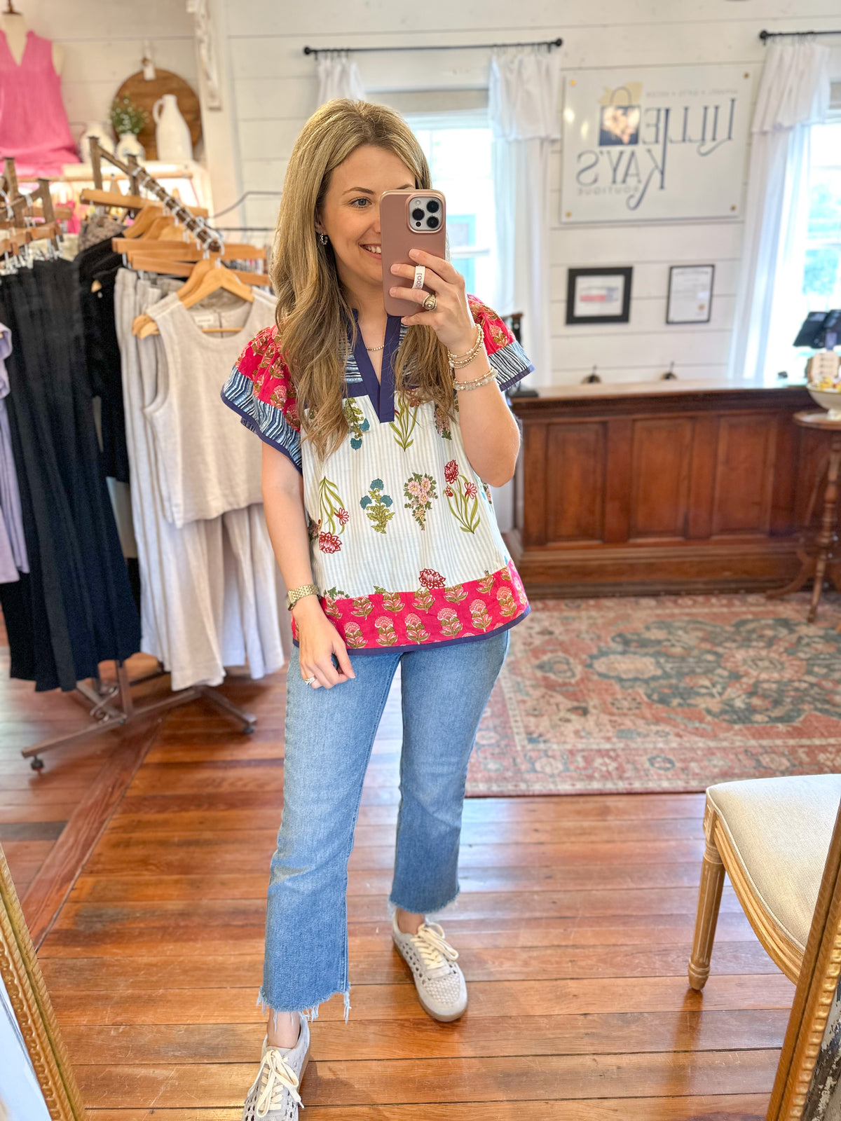cotton floral flutter sleeve top multi color