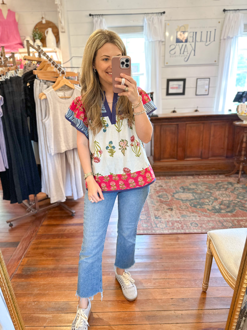 cotton floral flutter sleeve top multi color