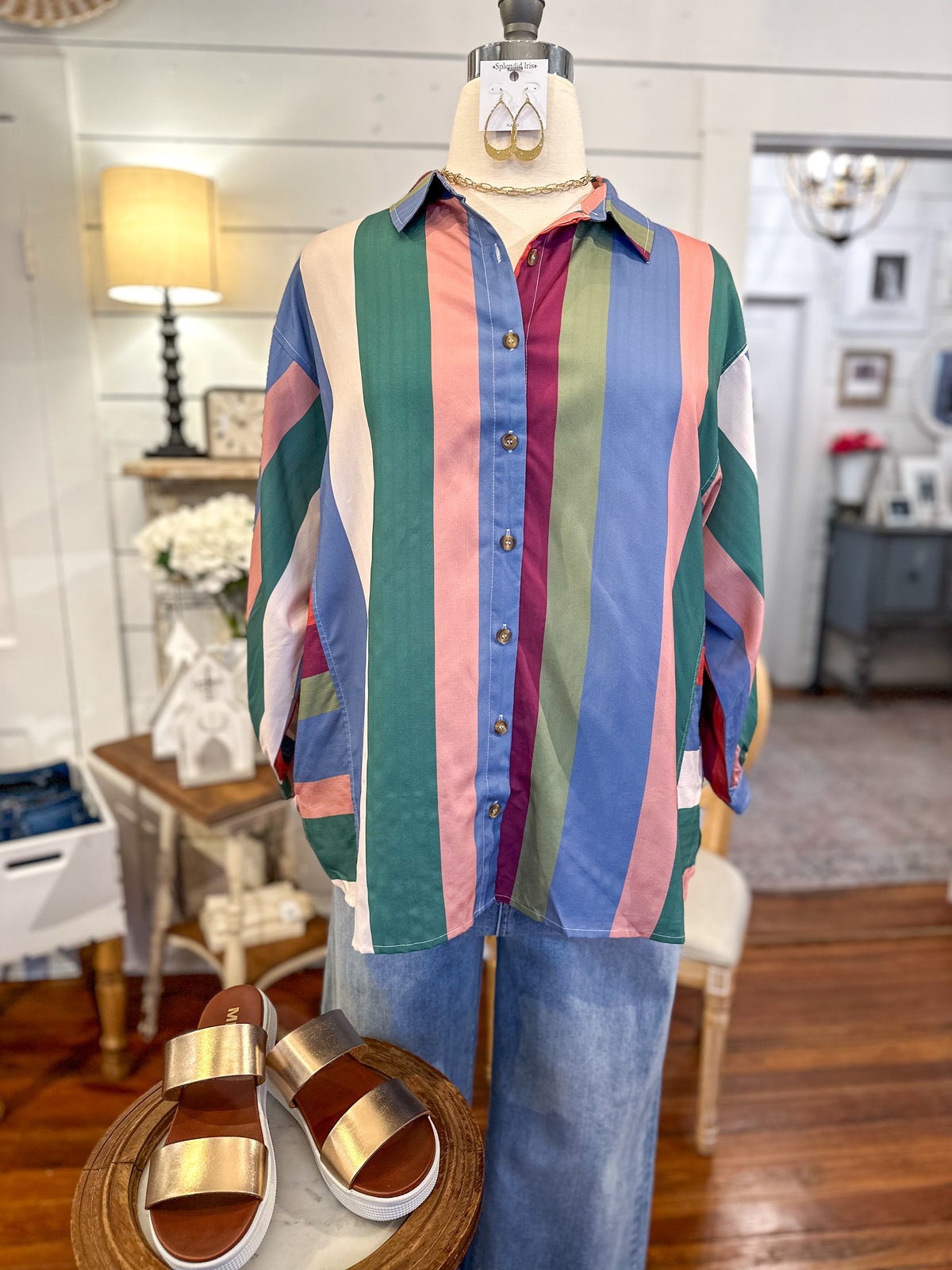 multi color long sleeve button down top entro