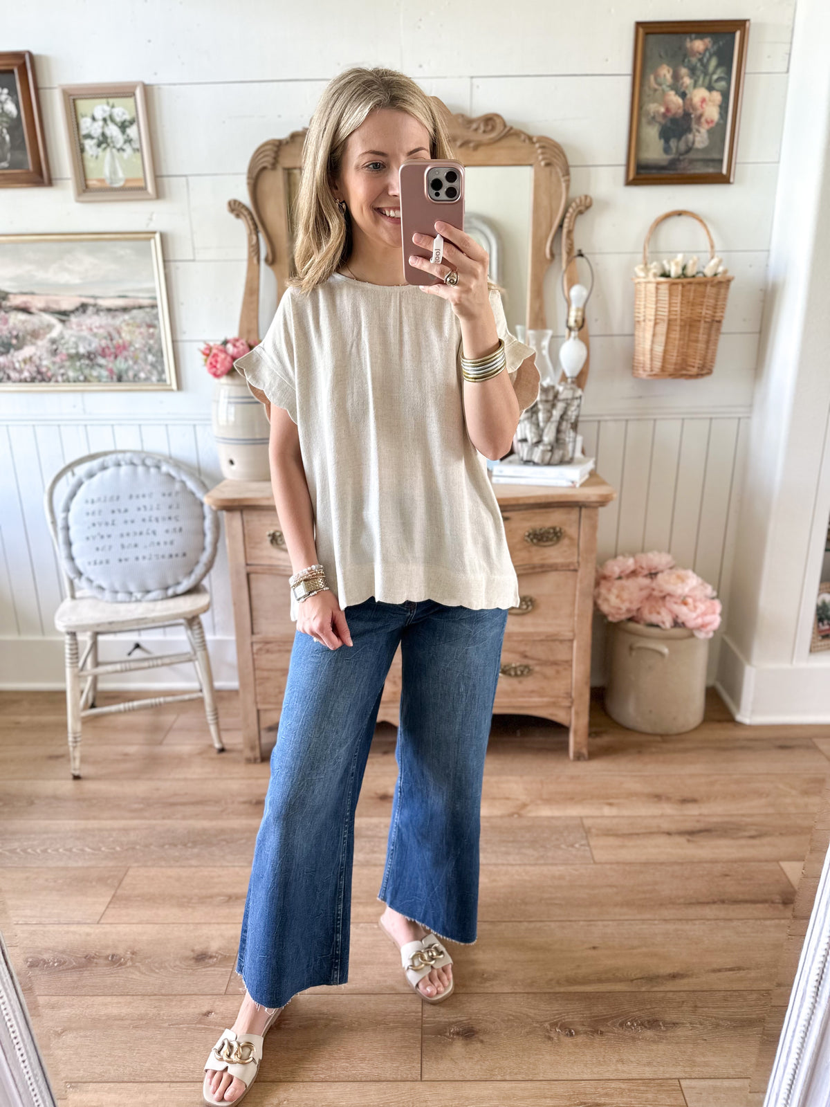natural color linen blend top with scallop sleeves 