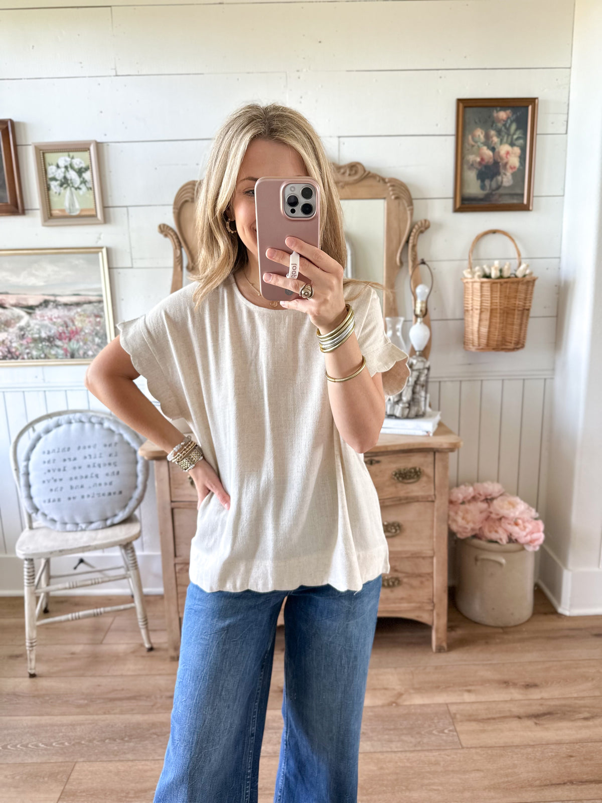 natural color linen blend top with scallop sleeves 