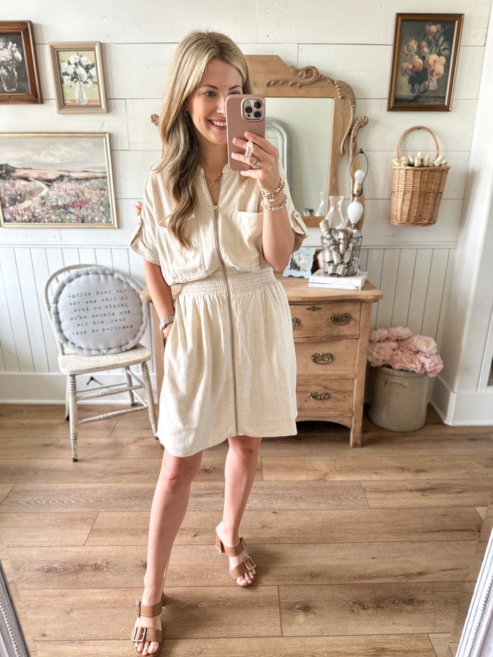 natural color linen zipper dress with pockets 