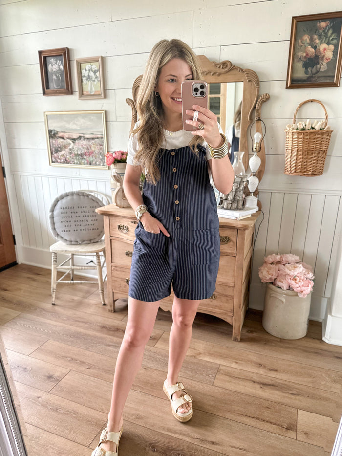 navy blue stripe overall with front pockets 