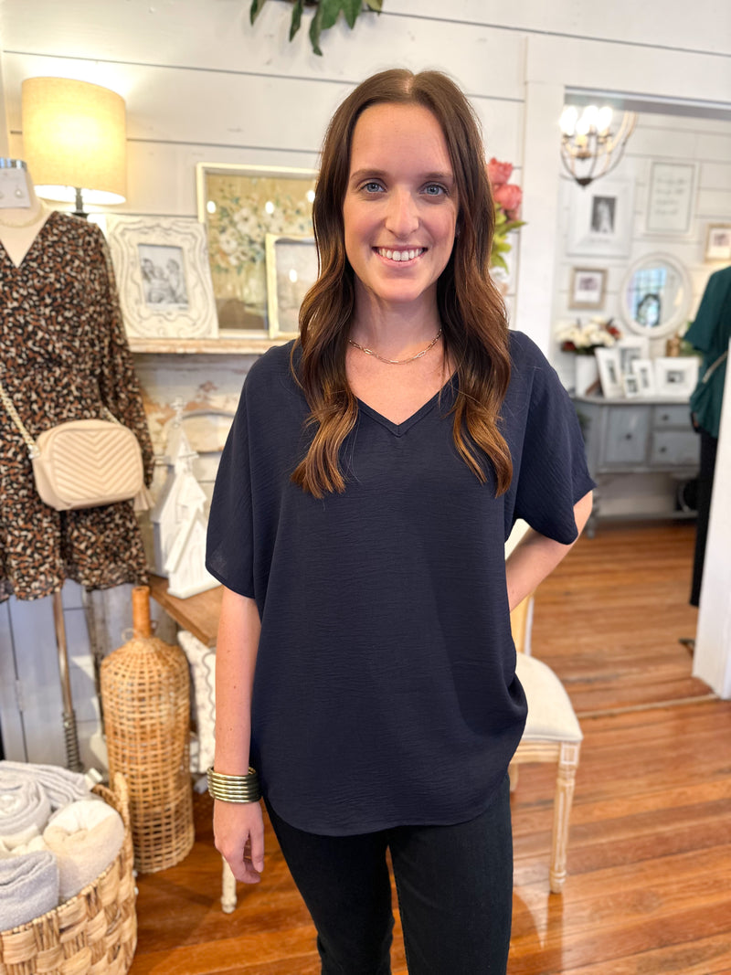 navy blue v neck polyester top entro