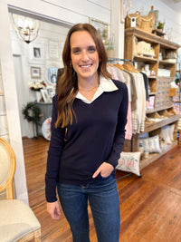 navy blue 2-in 1 sweater top with white collar 