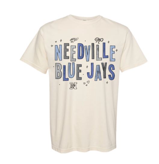 Beige t-shirt with 'NEEDVILLE BLUE JAYS' text on a white background