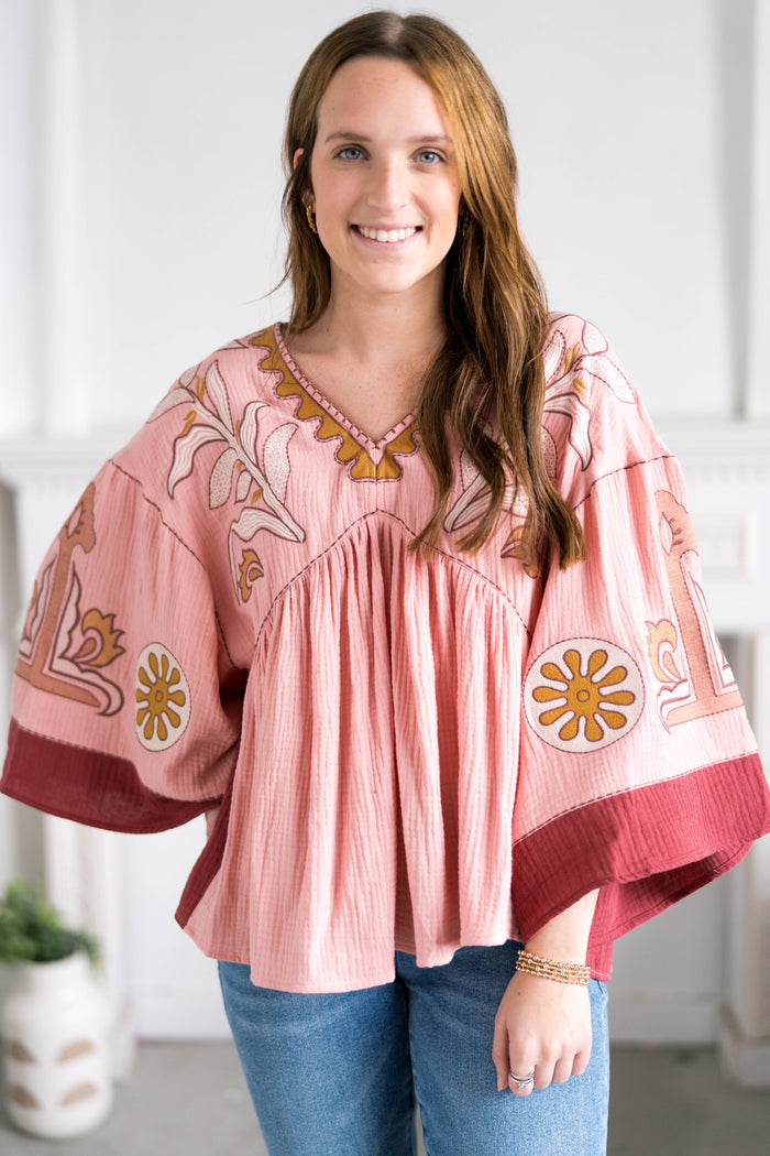 Multi color pink embroidered detail top with balloon sleeves easel brand 