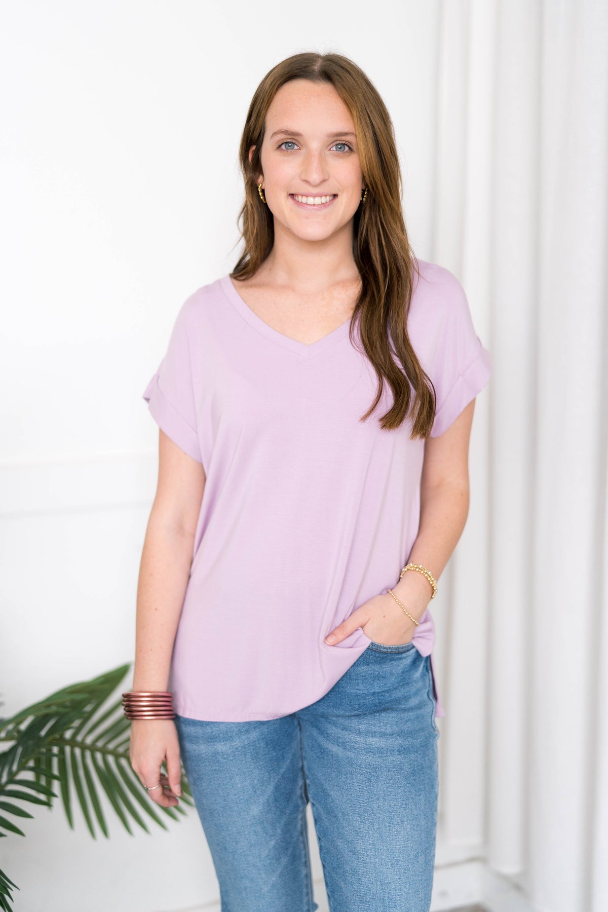 lavender purple basic top with rolled sleeves