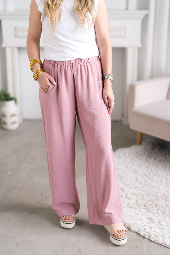 light rose pink pull on pants with elastic waist band another love
