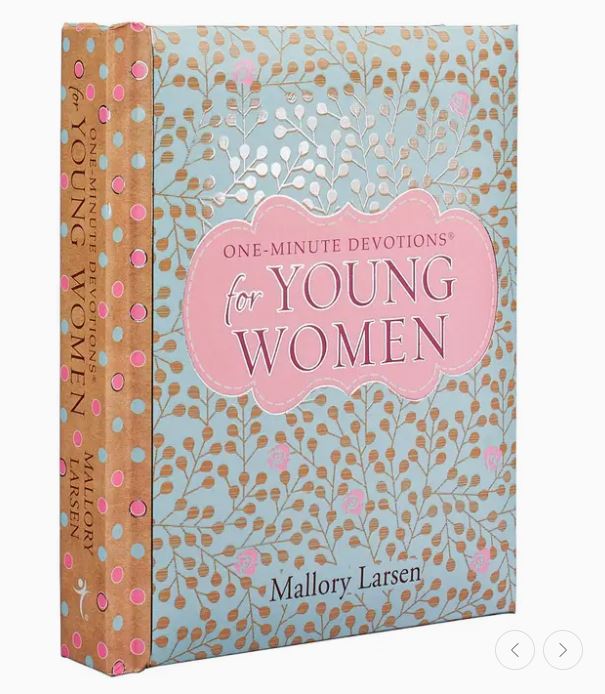 Book titled 'One-Minute Devotions for Young Women' by Mallory Larsen with floral design on cover