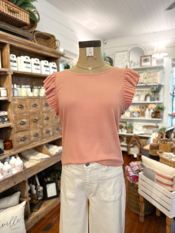 peach color ribbed short sleeve ruffle top