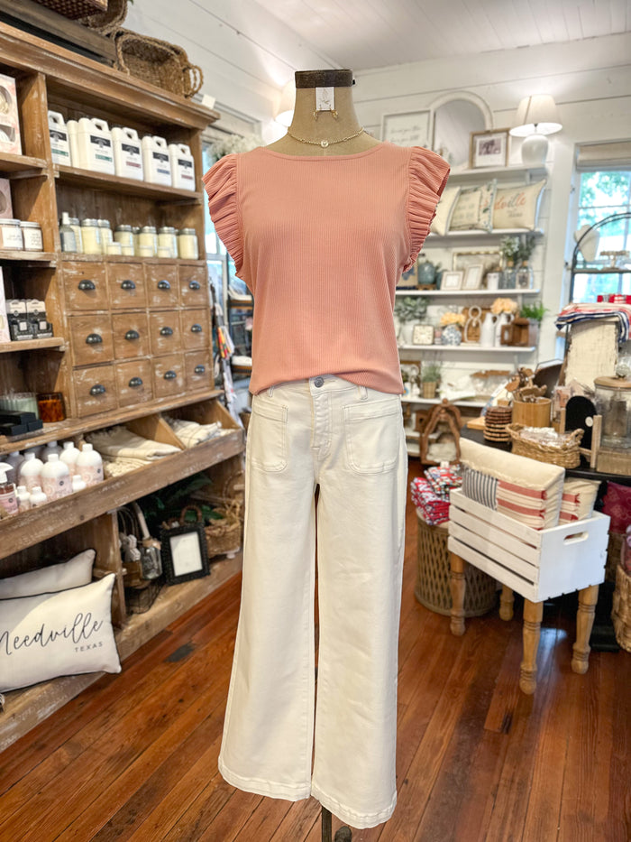 peach color ribbed short sleeve top 
