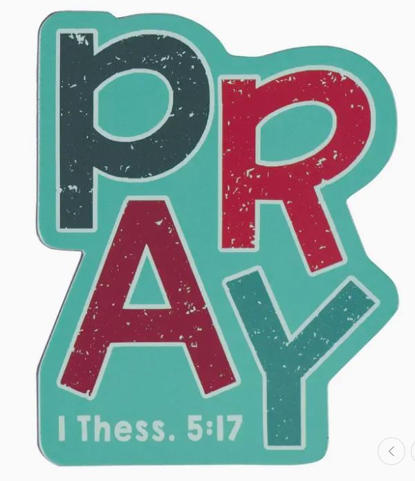 Vintage-style 'PRAY' magnet with a biblical reference on a teal background