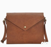 quinn tan brown purse with gold button on front 