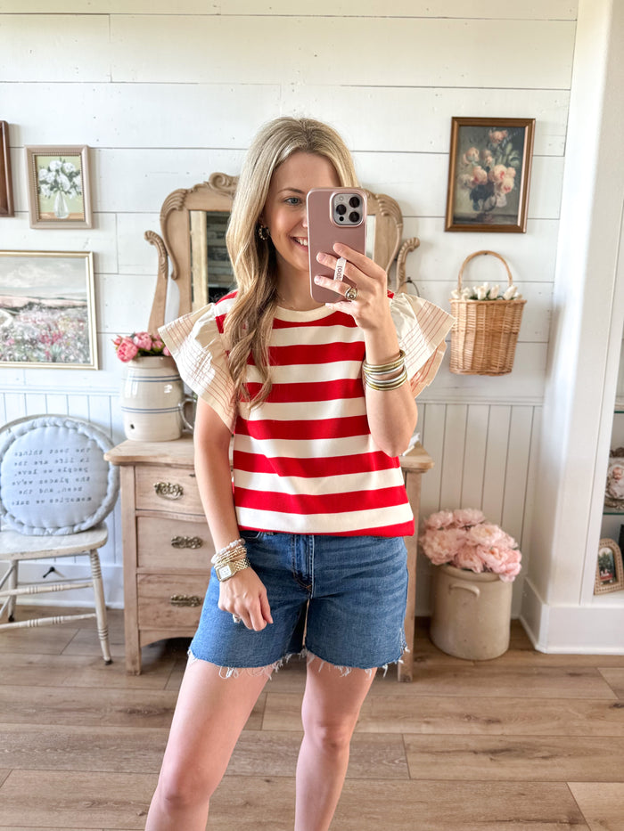 red and cream stripe top with flutter sleeves umgee