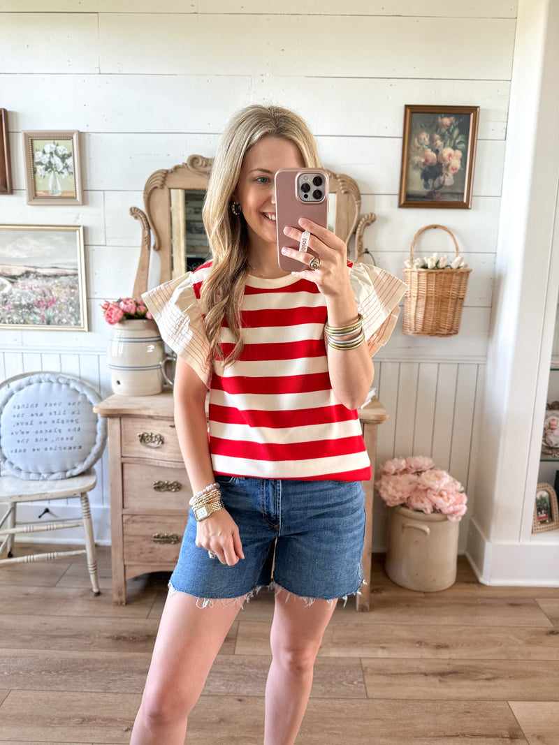 red and cream stripe top with flutter sleeves umgee