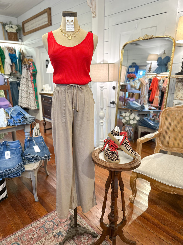 red ribbed tank with tan pants another love