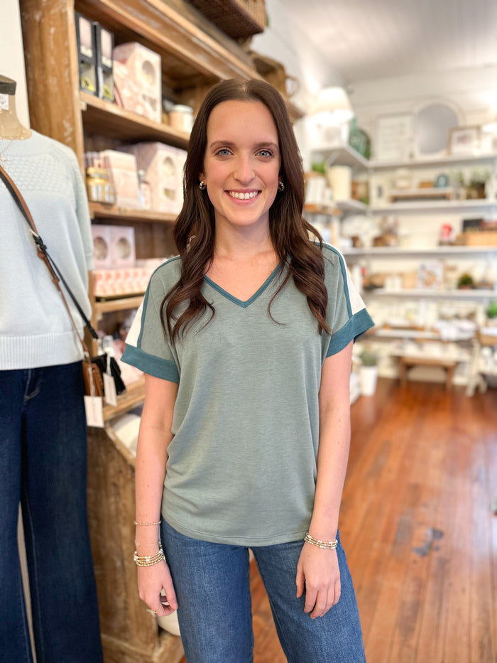 dusty teal blue basic v-neck top relaxed fit 
