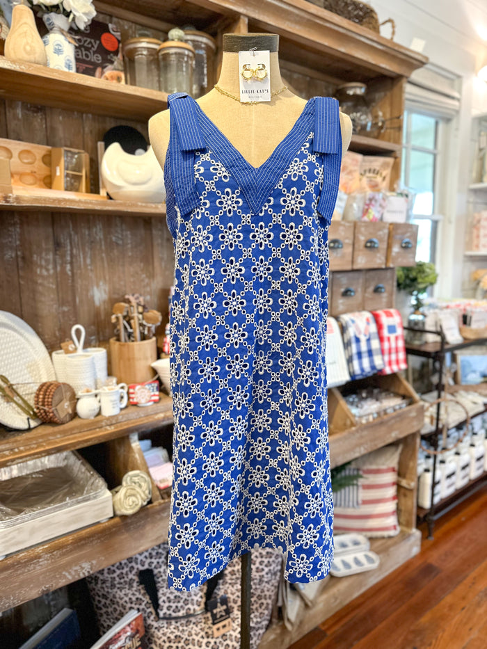 ROYAL BLUE AND WHITE eyelet lace dress 