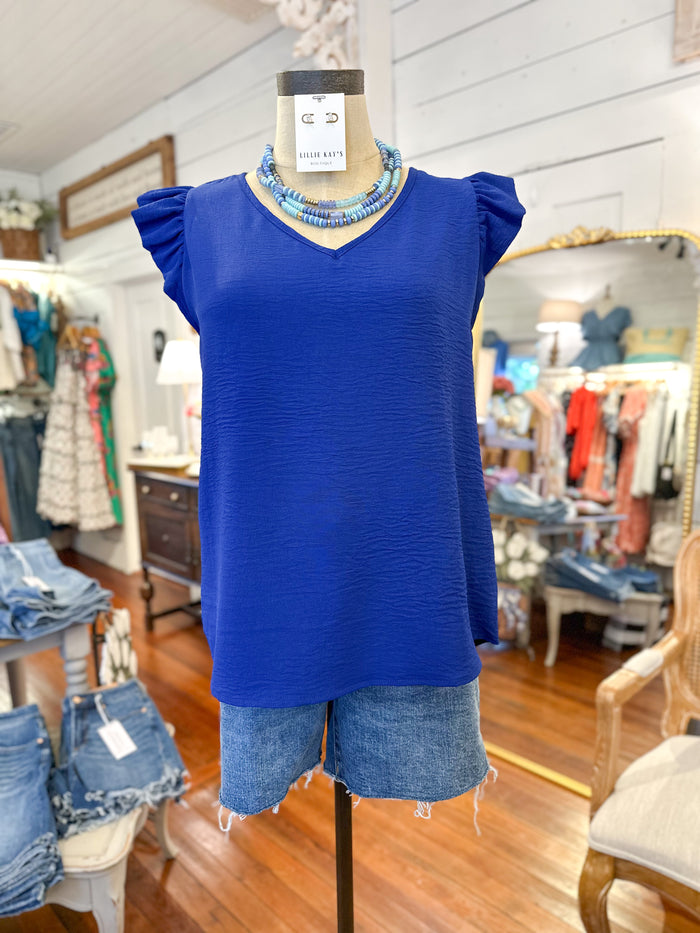 royal blue flutter sleeve top
