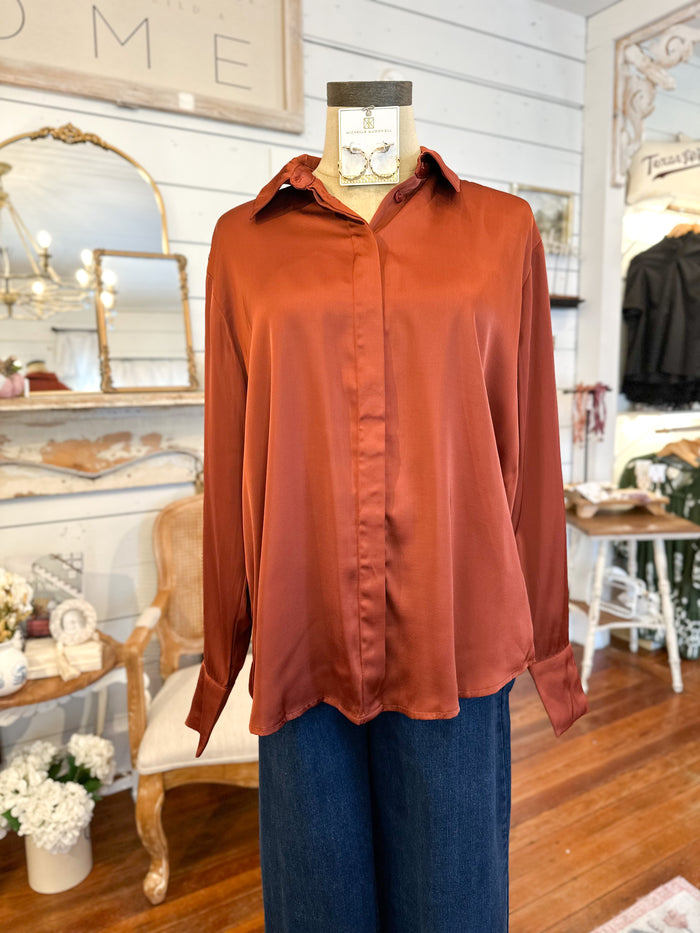 rust color satin like  blouse 