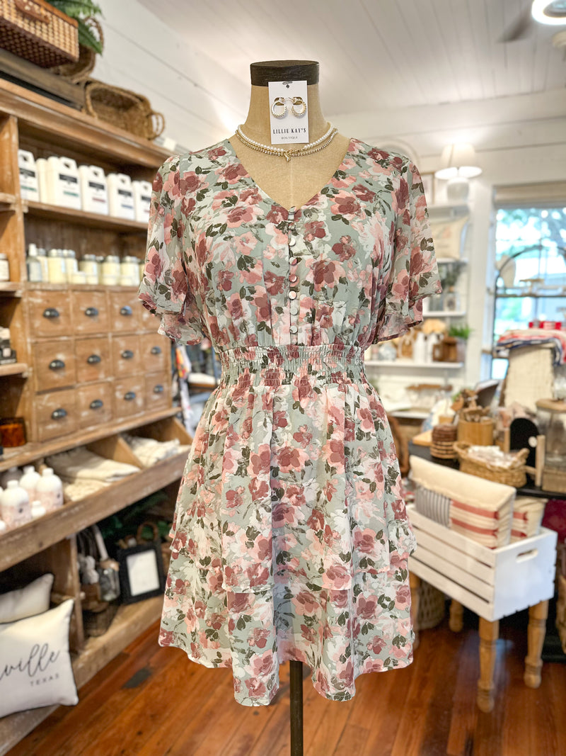 sage green and dusty pink floral dress