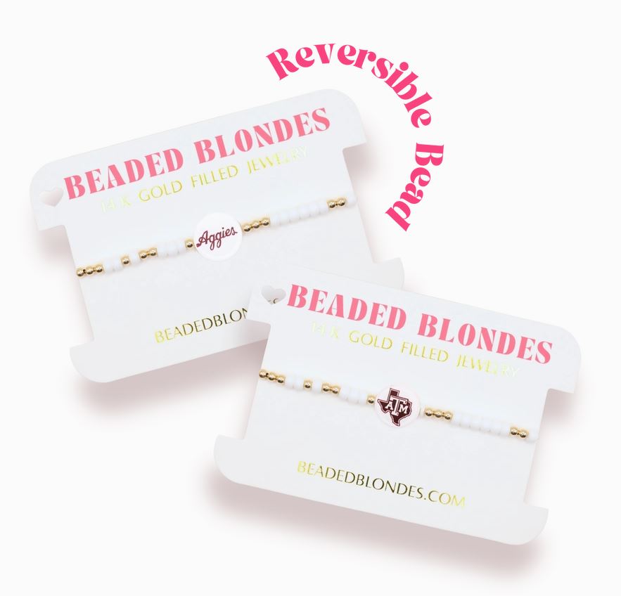 Beaded Blondes jewelry on display with packaging on a white background tamu aggies
