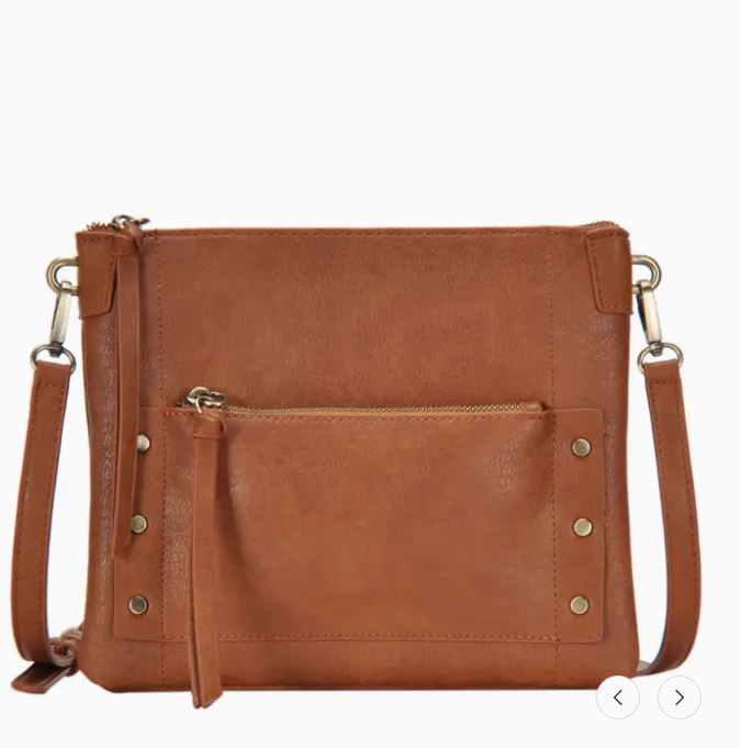 tan brown cross body purse with gold accents 