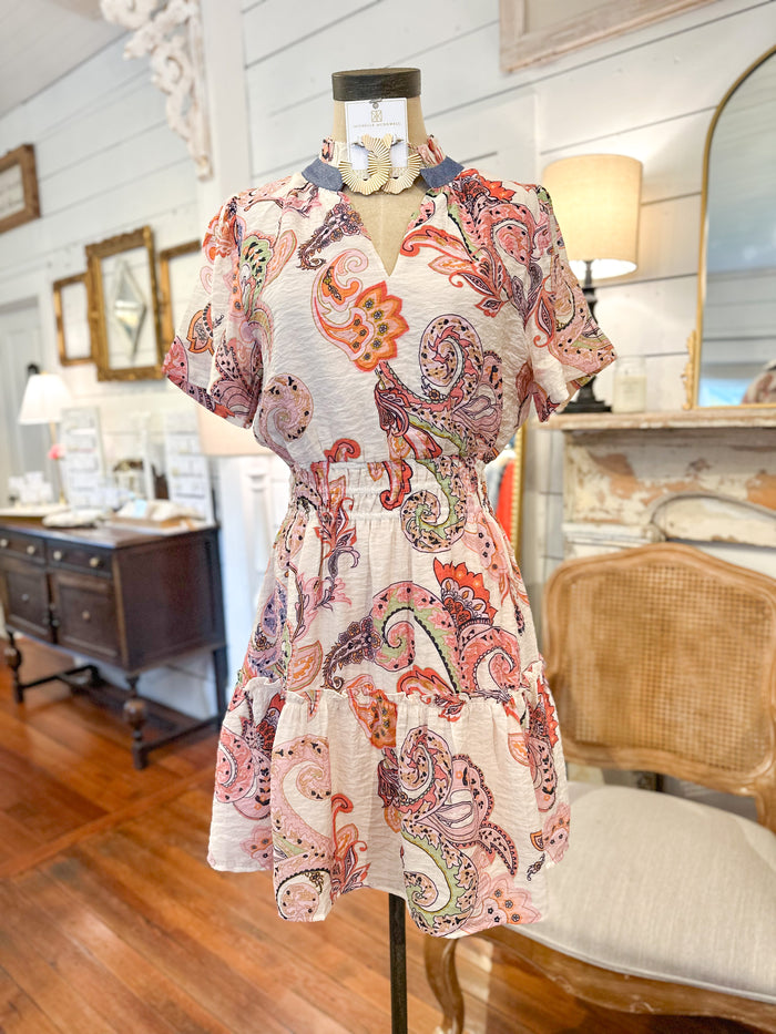 light pink and green paisley print dress