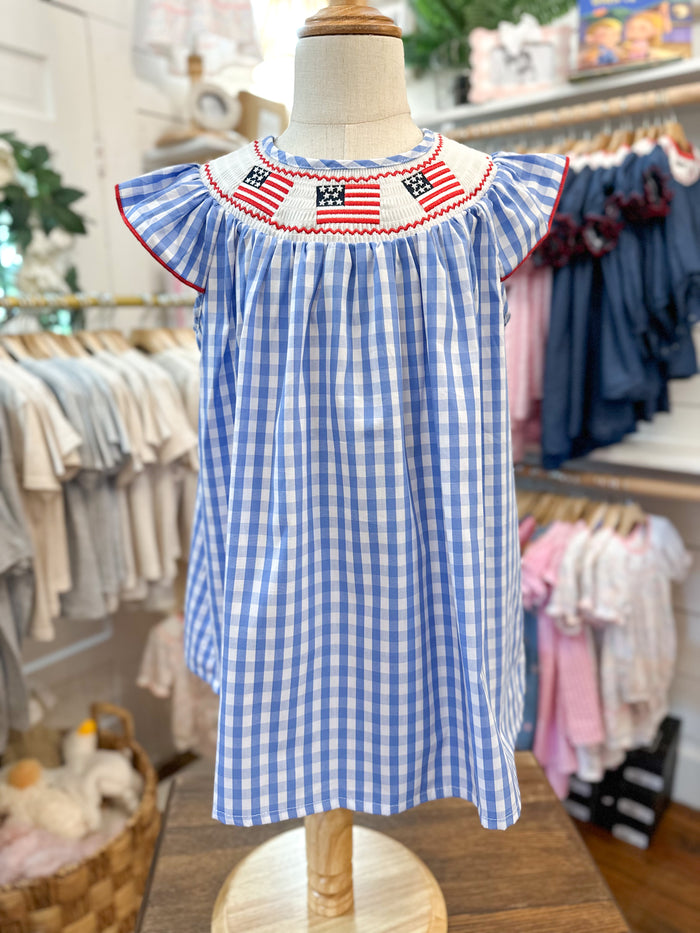 toddler size blue and white checkered dress with flag embroidery 