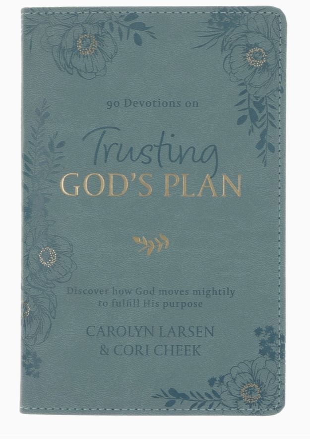 Book cover of '90 Devotions on Trusting God's Plan' with floral design and author names.