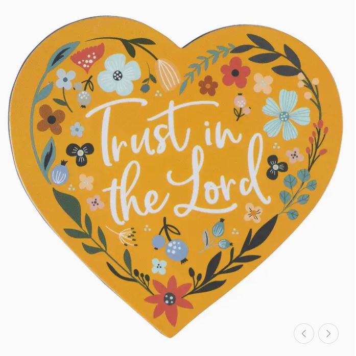 Heart-shaped magent with floral designs and 'Trust in the Lord' text on a yellow background