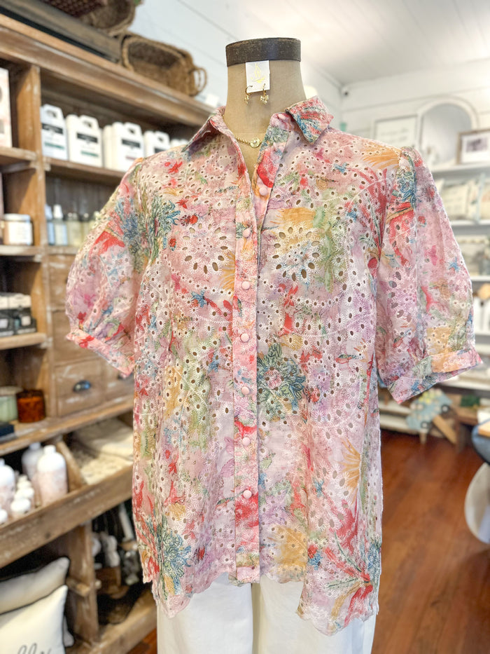 watercolor print eyelet lace button down top umgee