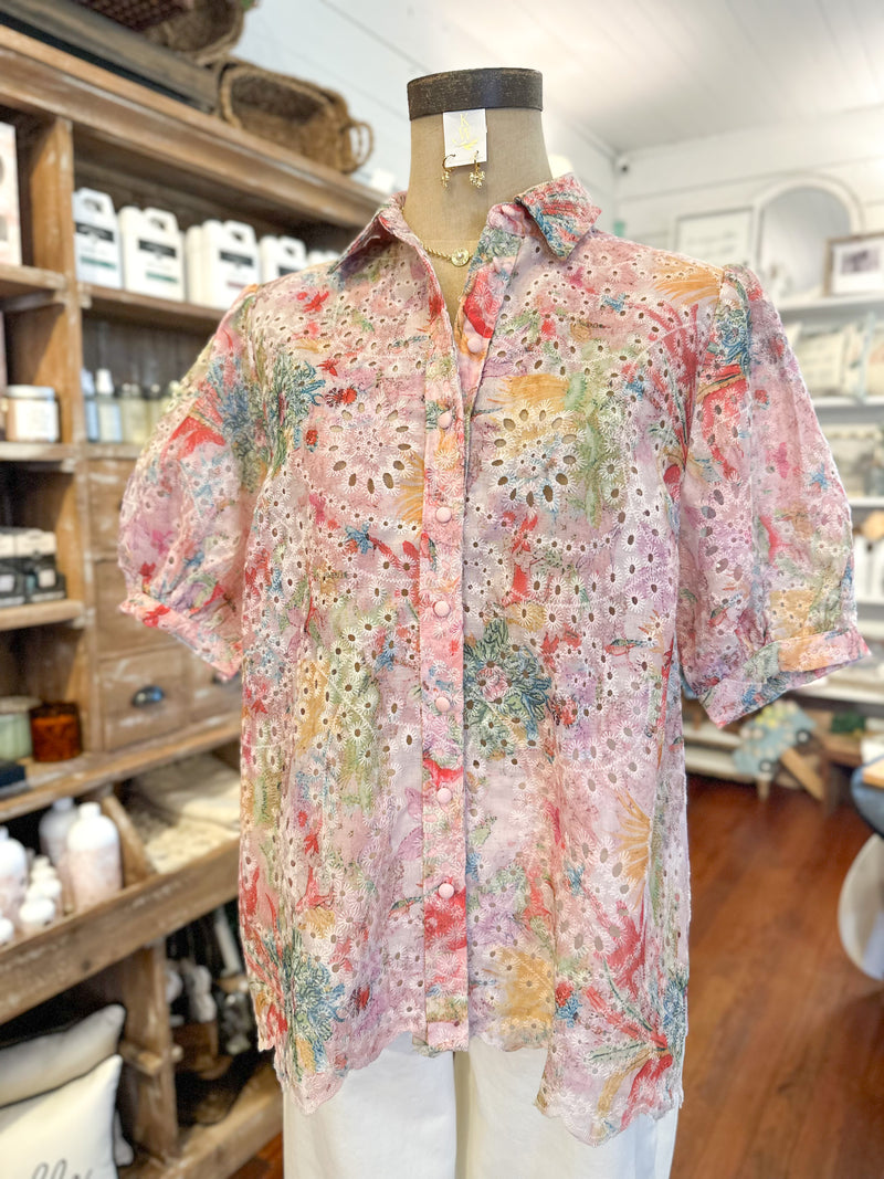 watercolor print eyelet lace button down top umgee