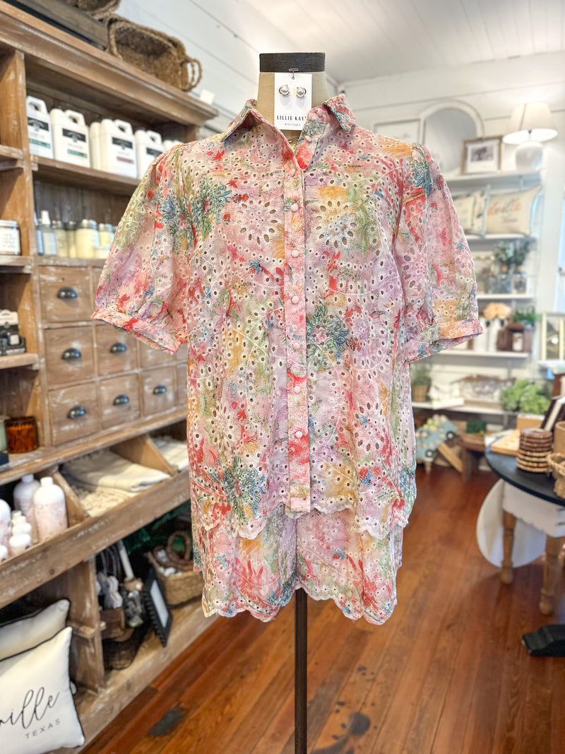watercolor print matching eyelet lace set from umgee button down front on top 