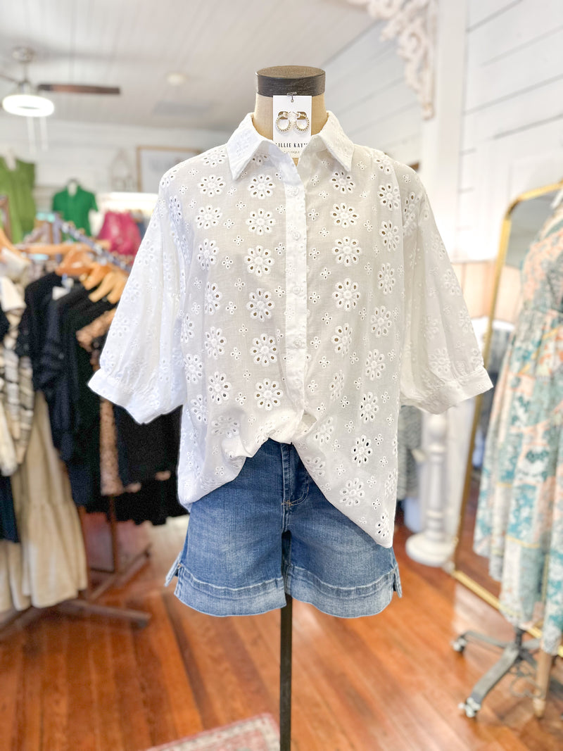 white eyelet lace button down top 