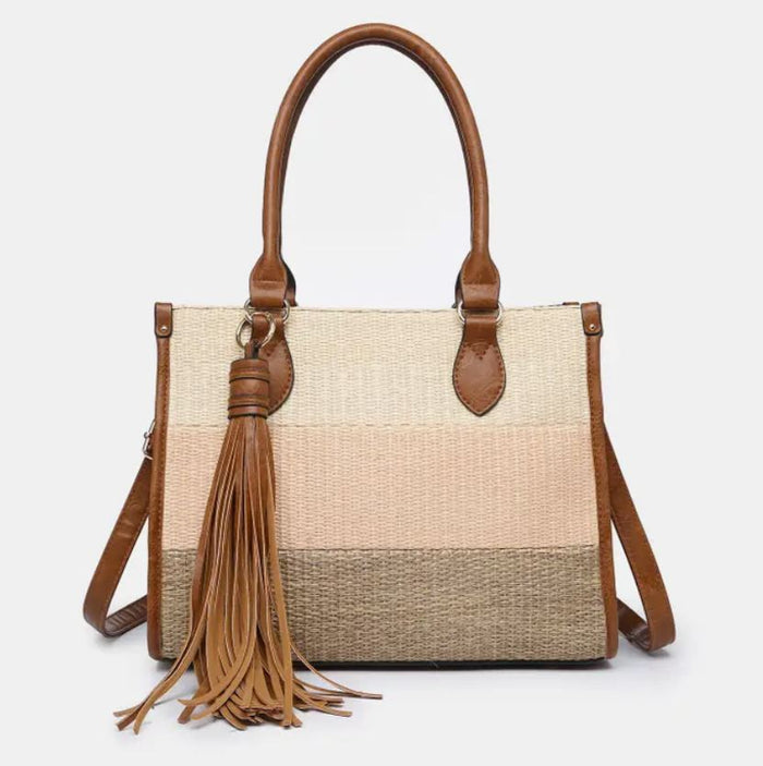 cream pink and tan purse with brown straps