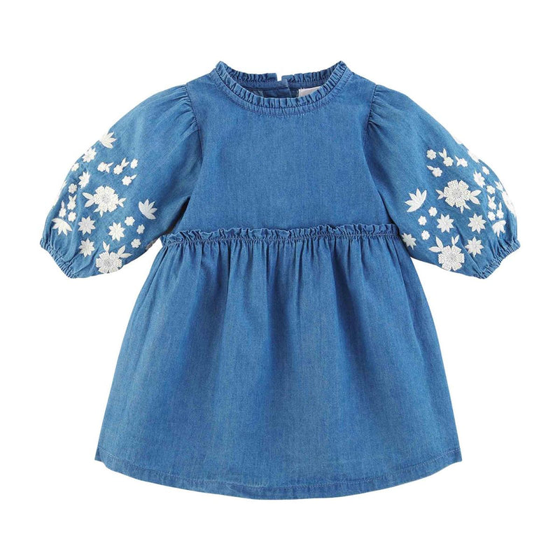 denim balloon sleeve dress with embroidered details on sleeve mud pie