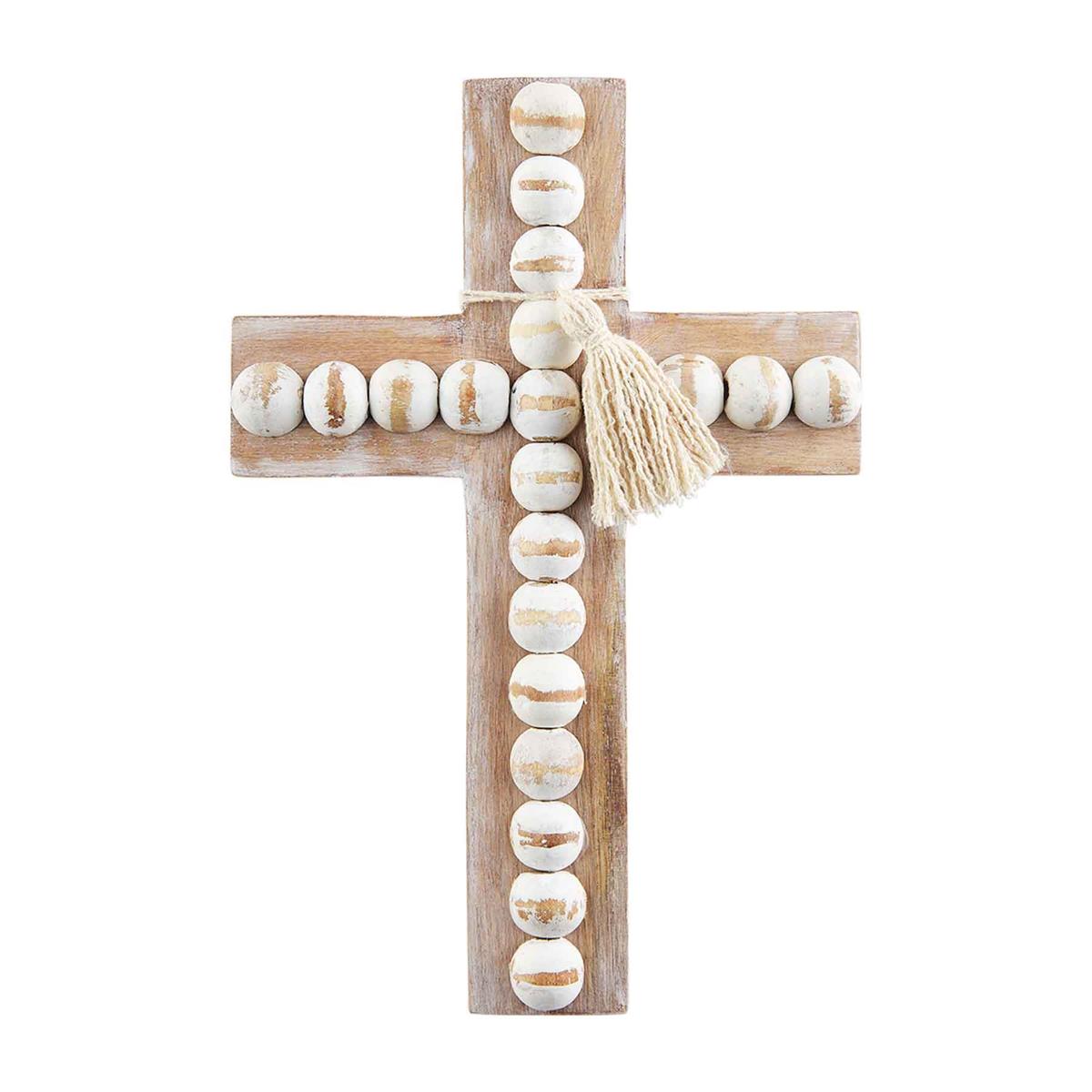 large white bead and brown mango wood cross