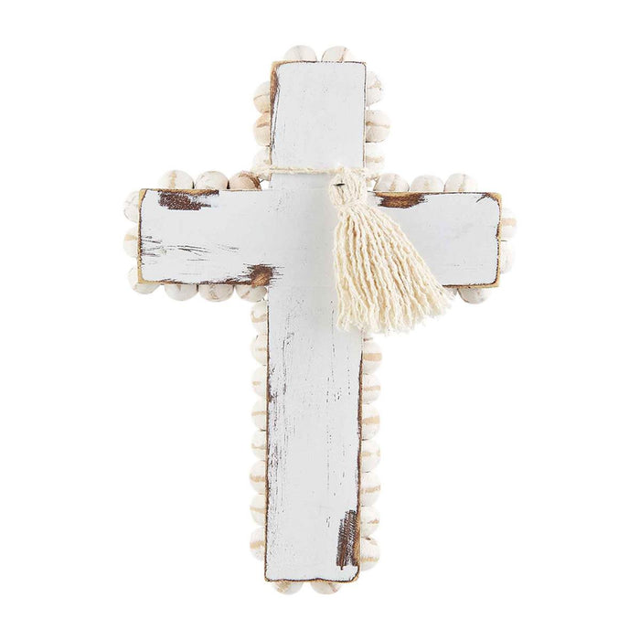 white wood and white beaded wood cross