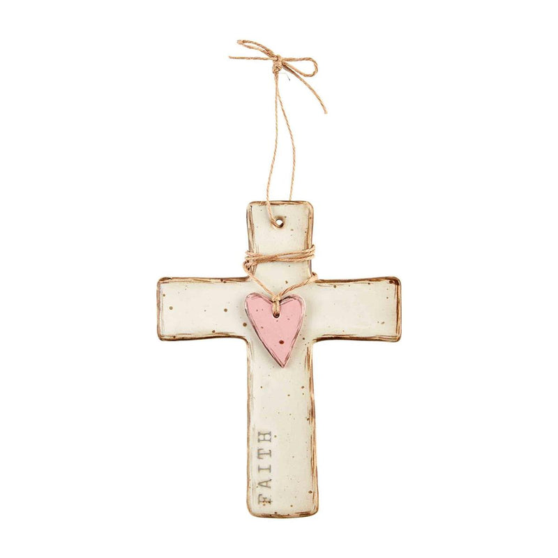 mud pie white cross with pink heart and hanging string