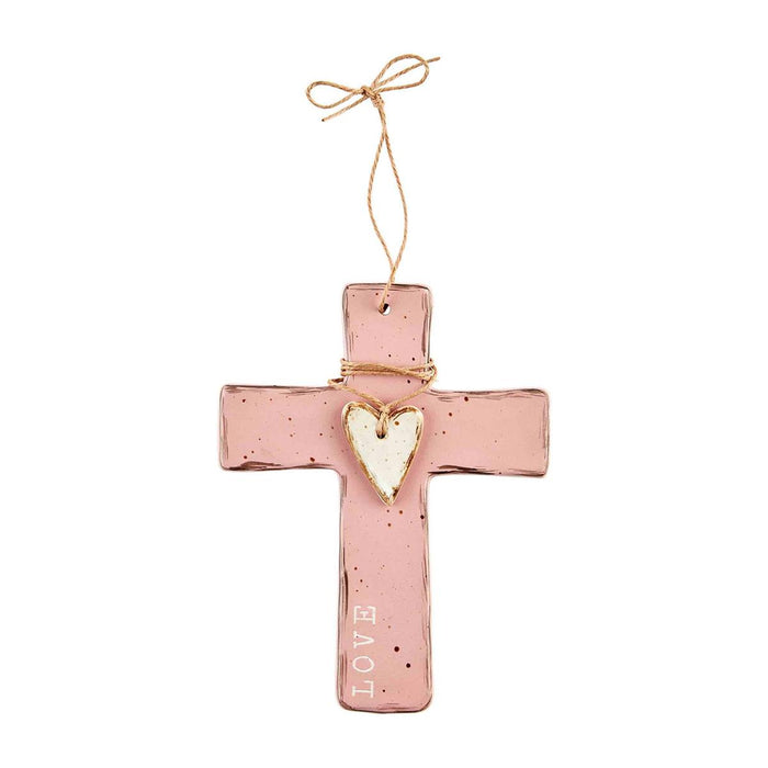 mud pie pink cross with white heart and says love