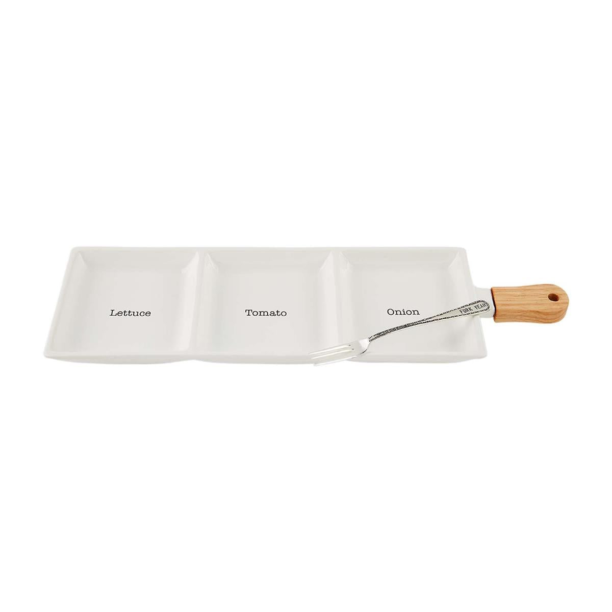 mud pie topping tray set with lettuce tomato and onion sections with fork 