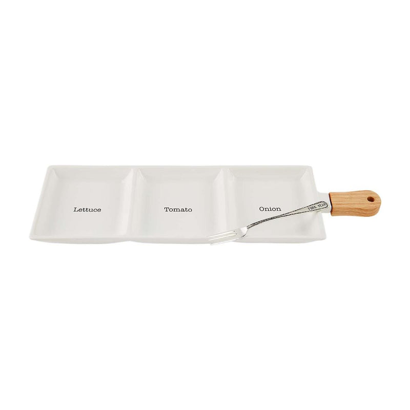 mud pie topping tray set with lettuce tomato and onion sections with fork 