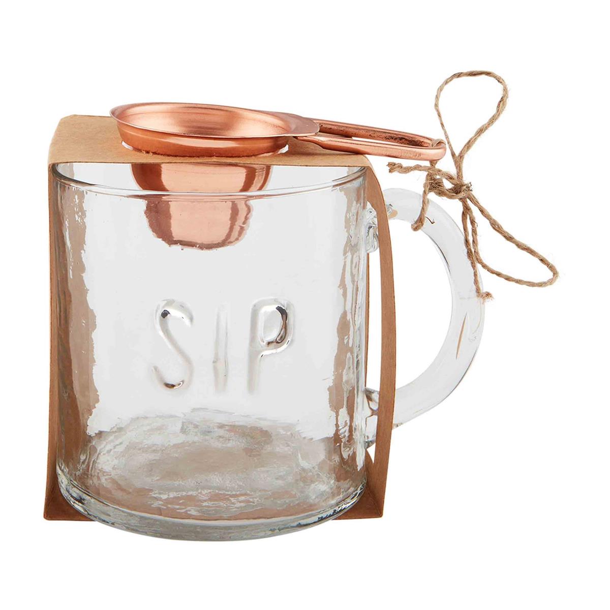 clear coffee mug that says sip with copper finish scoop